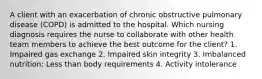 A client with an exacerbation of chronic obstructive pulmonary disease (COPD) is admitted to the hospital. Which nursing diagnosis requires the nurse to collaborate with other health team members to achieve the best outcome for the client? 1. Impaired gas exchange 2. Impaired skin integrity 3. Imbalanced nutrition: Less than body requirements 4. Activity intolerance