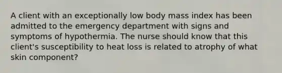 A client with an exceptionally low body mass index has been admitted to the emergency department with signs and symptoms of hypothermia. The nurse should know that this client's susceptibility to heat loss is related to atrophy of what skin component?