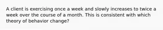 A client is exercising once a week and slowly increases to twice a week over the course of a month. This is consistent with which theory of behavior change?