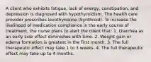 A client who exhibits fatigue, lack of energy, constipation, and depression is diagnosed with hypothyroidism. The health care provider prescribes levothyroxine (Synthroid). To increase the likelihood of medication compliance in the early course of treatment, the nurse plans to alert the client that: 1. Diarrhea as an early side effect diminishes with time. 2. Weight gain or edema formation is greatest in the first month. 3. The full therapeutic effect may take 1 to 3 weeks. 4. The full therapeutic effect may take up to 4 months.