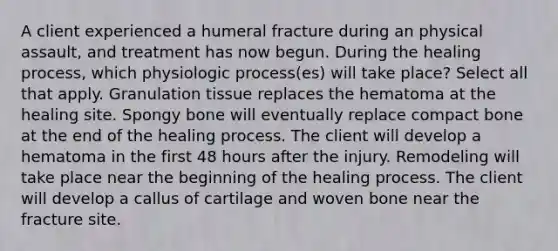 A client experienced a humeral fracture during an physical assault, and treatment has now begun. During the healing process, which physiologic process(es) will take place? Select all that apply. Granulation tissue replaces the hematoma at the healing site. Spongy bone will eventually replace compact bone at the end of the healing process. The client will develop a hematoma in the first 48 hours after the injury. Remodeling will take place near the beginning of the healing process. The client will develop a callus of cartilage and woven bone near the fracture site.