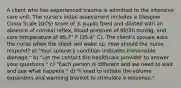 A client who has experienced trauma is admitted to the intensive care unit. The nurse's initial assessment includes a Glasgow Coma Scale (GCS) score of 3, pupils fixed and dilated with an absence of corneal reflex, blood pressure of 80/30 mmHg, and core temperature of 95.7° F (35.4° C). The client's spouse asks the nurse when the client will wake up. How should the nurse respond? a) "Your spouse's condition indicates irreversible damage." b) "Let me contact the healthcare provider to answer your questions." c) "Each person is different and we need to wait and see what happens." d) "I need to initiate the volume expanders and warming blanket to stimulate a response."