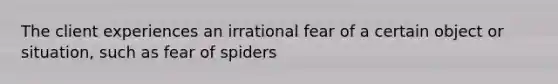 The client experiences an irrational fear of a certain object or situation, such as fear of spiders