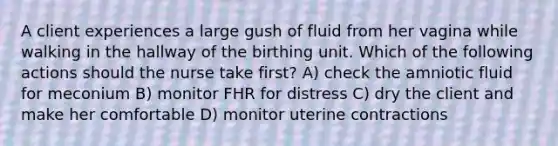 A client experiences a large gush of fluid from her vagina while walking in the hallway of the birthing unit. Which of the following actions should the nurse take first? A) check the amniotic fluid for meconium B) monitor FHR for distress C) dry the client and make her comfortable D) monitor uterine contractions