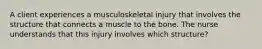 A client experiences a musculoskeletal injury that involves the structure that connects a muscle to the bone. The nurse understands that this injury involves which structure?