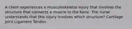 A client experiences a musculoskeletal injury that involves the structure that connects a muscle to the bone. The nurse understands that this injury involves which structure? Cartilage Joint Ligament Tendon