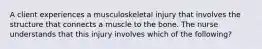 A client experiences a musculoskeletal injury that involves the structure that connects a muscle to the bone. The nurse understands that this injury involves which of the following?