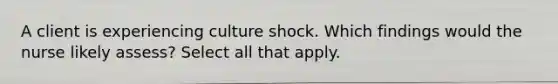 A client is experiencing culture shock. Which findings would the nurse likely assess? Select all that apply.