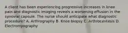 A client has been experiencing progressive increases in knee pain and diagnostic imaging reveals a worsening effusion in the synovial capsule. The nurse should anticipate what diagnostic procedure? A. Arthrography B. Knee biopsy C. Arthrocentesis D. Electromyography