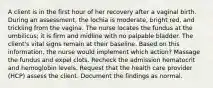 A client is in the first hour of her recovery after a vaginal birth. During an assessment, the lochia is moderate, bright red, and trickling from the vagina. The nurse locates the fundus at the umbilicus; it is firm and midline with no palpable bladder. The client's vital signs remain at their baseline. Based on this information, the nurse would implement which action? Massage the fundus and expel clots. Recheck the admission hematocrit and hemoglobin levels. Request that the health care provider (HCP) assess the client. Document the findings as normal.