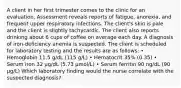 A client in her first trimester comes to the clinic for an evaluation. Assessment reveals reports of fatigue, anorexia, and frequent upper respiratory infections. The client's skin is pale and the client is slightly tachycardic. The client also reports drinking about 6 cups of coffee on average each day. A diagnosis of iron-deficiency anemia is suspected. The client is scheduled for laboratory testing and the results are as follows: • Hemoglobin 11.5 g/dL (115 g/L) • Hematocrit 35% (0.35) • Serum iron 32 µg/dL (5.73 µmol/L) • Serum ferritin 90 ng/dL (90 µg/L) Which laboratory finding would the nurse correlate with the suspected diagnosis?