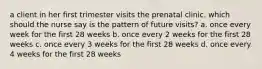 a client in her first trimester visits the prenatal clinic. which should the nurse say is the pattern of future visits? a. once every week for the first 28 weeks b. once every 2 weeks for the first 28 weeks c. once every 3 weeks for the first 28 weeks d. once every 4 weeks for the first 28 weeks