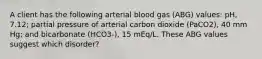 A client has the following arterial blood gas (ABG) values: pH, 7.12; partial pressure of arterial carbon dioxide (PaCO2), 40 mm Hg; and bicarbonate (HCO3-), 15 mEq/L. These ABG values suggest which disorder?