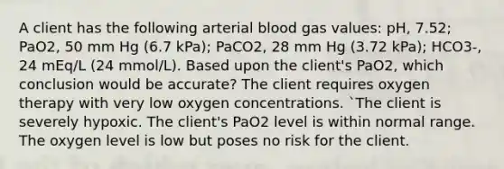 A client has the following arterial blood gas values: pH, 7.52; PaO2, 50 mm Hg (6.7 kPa); PaCO2, 28 mm Hg (3.72 kPa); HCO3-, 24 mEq/L (24 mmol/L). Based upon the client's PaO2, which conclusion would be accurate? The client requires oxygen therapy with very low oxygen concentrations. `The client is severely hypoxic. The client's PaO2 level is within normal range. The oxygen level is low but poses no risk for the client.