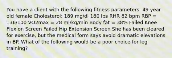 You have a client with the following fitness parameters: 49 year old female Cholesterol: 189 mg/dl 180 lbs RHR 82 bpm RBP = 136/100 VO2max = 28 ml/kg/min Body fat = 38% Failed Knee Flexion Screen Failed Hip Extension Screen She has been cleared for exercise, but the medical form says avoid dramatic elevations in BP. What of the following would be a poor choice for leg training?