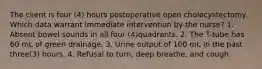 The client is four (4) hours postoperative open cholecystectomy. Which data warrant immediate intervention by the nurse? 1. Absent bowel sounds in all four (4)quadrants. 2. The T-tube has 60 mL of green drainage. 3. Urine output of 100 mL in the past three(3) hours. 4. Refusal to turn, deep breathe, and cough.