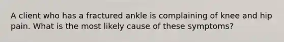 A client who has a fractured ankle is complaining of knee and hip pain. What is the most likely cause of these symptoms?