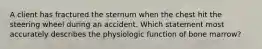 A client has fractured the sternum when the chest hit the steering wheel during an accident. Which statement most accurately describes the physiologic function of bone marrow?