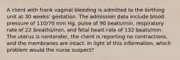 A client with frank vaginal bleeding is admitted to the birthing unit at 30 weeks' gestation. The admission data include blood pressure of 110/70 mm Hg, pulse of 90 beats/min, respiratory rate of 22 breaths/min, and fetal heart rate of 132 beats/min. The uterus is nontender, the client is reporting no contractions, and the membranes are intact. In light of this information, which problem would the nurse suspect?