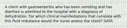 A client with gastroenteritis who has been vomiting and has diarrhea is admitted to the hospital with a diagnosis of dehydration. For which clinical manifestations that correlate with this fluid imbalance would the nurse assess the client? SATA