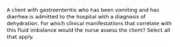 A client with gastroenteritis who has been vomiting and has diarrhea is admitted to the hospital with a diagnosis of dehydration. For which clinical manifestations that correlate with this fluid imbalance would the nurse assess the client? Select all that apply.