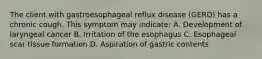 The client with gastroesophageal reflux disease (GERD) has a chronic cough. This symptom may indicate: A. Development of laryngeal cancer B. Irritation of the esophagus C. Esophageal scar tissue formation D. Aspiration of gastric contents