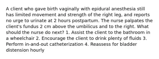 A client who gave birth vaginally with epidural anesthesia still has limited movement and strength of the right leg, and reports no urge to urinate at 2 hours postpartum. The nurse palpates the client's fundus 2 cm above the umbilicus and to the right. What should the nurse do next? 1. Assist the client to the bathroom in a wheelchair 2. Encourage the client to drink plenty of fluids 3. Perform in-and-out catheterization 4. Reassess for bladder distension hourly