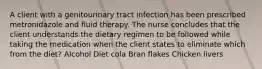 A client with a genitourinary tract infection has been prescribed metronidazole and fluid therapy. The nurse concludes that the client understands the dietary regimen to be followed while taking the medication when the client states to eliminate which from the diet? Alcohol Diet cola Bran flakes Chicken livers