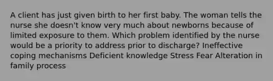 A client has just given birth to her first baby. The woman tells the nurse she doesn't know very much about newborns because of limited exposure to them. Which problem identified by the nurse would be a priority to address prior to discharge? Ineffective coping mechanisms Deficient knowledge Stress Fear Alteration in family process