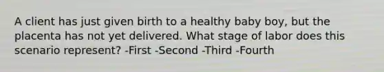 A client has just given birth to a healthy baby boy, but the placenta has not yet delivered. What stage of labor does this scenario represent? -First -Second -Third -Fourth