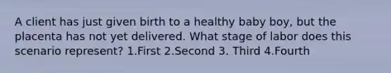 A client has just given birth to a healthy baby boy, but the placenta has not yet delivered. What stage of labor does this scenario represent? 1.First 2.Second 3. Third 4.Fourth