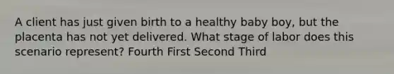 A client has just given birth to a healthy baby boy, but the placenta has not yet delivered. What stage of labor does this scenario represent? Fourth First Second Third