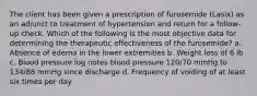 The client has been given a prescription of furosemide (Lasix) as an adjunct to treatment of hypertension and return for a follow-up check. Which of the following is the most objective data for determining the therapeutic effectiveness of the furosemide? a. Absence of edema in the lower extremities b. Weight loss of 6 lb c. Blood pressure log notes blood pressure 120/70 mmHg to 134/88 mmHg since discharge d. Frequency of voiding of at least six times per day