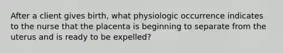 After a client gives birth, what physiologic occurrence indicates to the nurse that the placenta is beginning to separate from the uterus and is ready to be expelled?