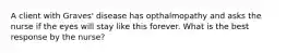 A client with Graves' disease has opthalmopathy and asks the nurse if the eyes will stay like this forever. What is the best response by the nurse?