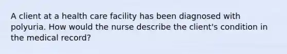 A client at a health care facility has been diagnosed with polyuria. How would the nurse describe the client's condition in the medical record?