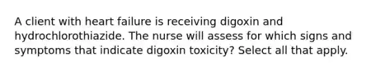 A client with heart failure is receiving digoxin and hydrochlorothiazide. The nurse will assess for which signs and symptoms that indicate digoxin toxicity? Select all that apply.