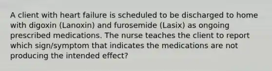 A client with heart failure is scheduled to be discharged to home with digoxin (Lanoxin) and furosemide (Lasix) as ongoing prescribed medications. The nurse teaches the client to report which sign/symptom that indicates the medications are not producing the intended effect?