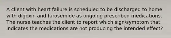 A client with heart failure is scheduled to be discharged to home with digoxin and furosemide as ongoing prescribed medications. The nurse teaches the client to report which sign/symptom that indicates the medications are not producing the intended effect?