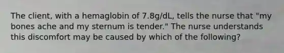 The client, with a hemaglobin of 7.8g/dL, tells the nurse that "my bones ache and my sternum is tender." The nurse understands this discomfort may be caused by which of the following?