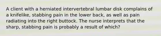 A client with a herniated intervertebral lumbar disk complains of a knifelike, stabbing pain in the lower back, as well as pain radiating into the right buttock. The nurse interprets that the sharp, stabbing pain is probably a result of which?