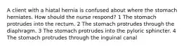 A client with a hiatal hernia is confused about where the stomach herniates. How should the nurse respond? 1 The stomach protrudes into the rectum. 2 The stomach protrudes through the diaphragm. 3 The stomach protrudes into the pyloric sphincter. 4 The stomach protrudes through the inguinal canal