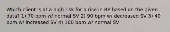 Which client is at a high risk for a rise in BP based on the given data? 1) 70 bpm w/ normal SV 2) 90 bpm w/ decreased SV 3) 40 bpm w/ increased SV 4) 100 bpm w/ normal SV