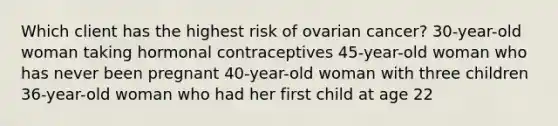 Which client has the highest risk of ovarian cancer? 30-year-old woman taking hormonal contraceptives 45-year-old woman who has never been pregnant 40-year-old woman with three children 36-year-old woman who had her first child at age 22