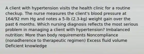 A client with hypertension visits the health clinic for a routine checkup. The nurse measures the client's blood pressure at 164/92 mm Hg and notes a 5-lb (2.3-kg) weight gain over the past 6 months. Which nursing diagnosis reflects the most serious problem in managing a client with hypertension? Imbalanced nutrition: More than body requirements Noncompliance (nonadherence to therapeutic regimen) Excess fluid volume Deficient knowledge