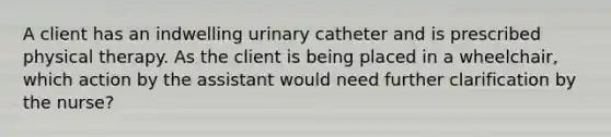 A client has an indwelling urinary catheter and is prescribed physical therapy. As the client is being placed in a wheelchair, which action by the assistant would need further clarification by the nurse?