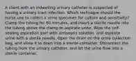 A client with an indwelling urinary catheter is suspected of having a urinary tract infection. Which technique should the nurse use to collect a urine specimen for culture and sensitivity? Clamp the tubing for 60 minutes, and insert a sterile needle into the tubing above the clamp to aspirate urine. Wipe the self-sealing aspiration port with antiseptic solution, and aspirate urine with a sterile needle. Open the drain on the urine collection bag, and allow it to drain into a sterile container. Disconnect the tubing from the urinary catheter, and let the urine flow into a sterile container.