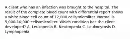 A client who has an infection was brought to the hospital. The result of the complete blood count with differential report shows a white blood cell count of 12,000 cells/microliter. Normal is 5,000-10,000 cells/microliter. Which condition has the client developed? A. Leukopenia B. Neutropenia C. Leukocytosis D. Lymphopenia