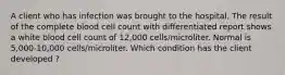 A client who has infection was brought to the hospital. The result of the complete blood cell count with differentiated report shows a white blood cell count of 12,000 cells/microliter. Normal is 5,000-10,000 cells/microliter. Which condition has the client developed ?