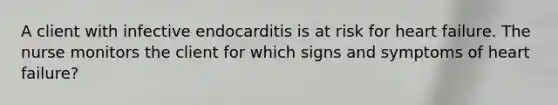 A client with infective endocarditis is at risk for heart failure. The nurse monitors the client for which signs and symptoms of heart failure?